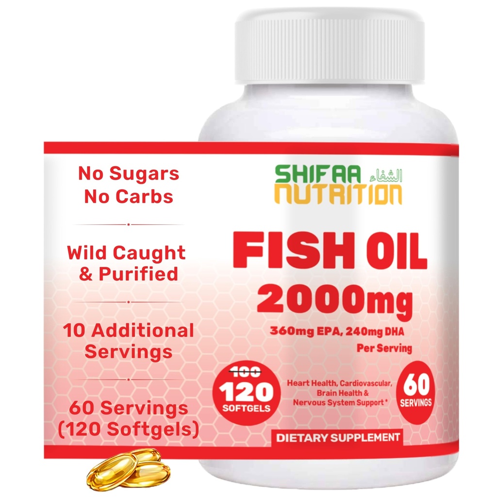 SHIFAA NUTRITION Halal Fish Oil 2000mg Softgels con 360mg EPA & 240mg DHA. 100 Wild Caught " Non-GMO Omega 3 Softgels for Heart " Brain Health. Burpless, Easy-to-Swallow Fish Oil Omega 3 Suplementos