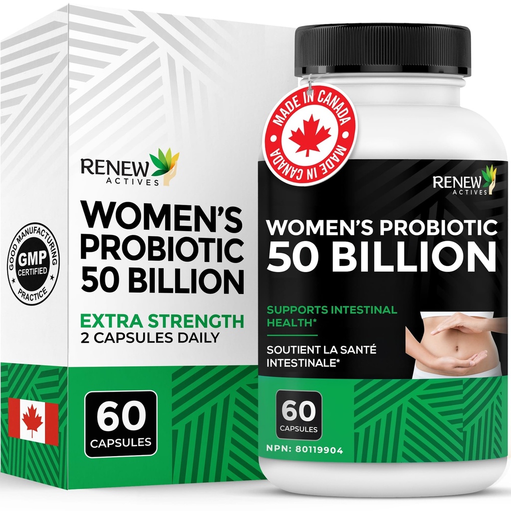 RENEW ACTIVES Probiotics for Women 50 Billion CFU per 2 Capsules – MAKTREK Technology, 4 Probiotic Strains & Prebiotic Blend – Apoya Digestion Health & Gut Flora Balance – Hecho en Canadá– 60 cápsulas