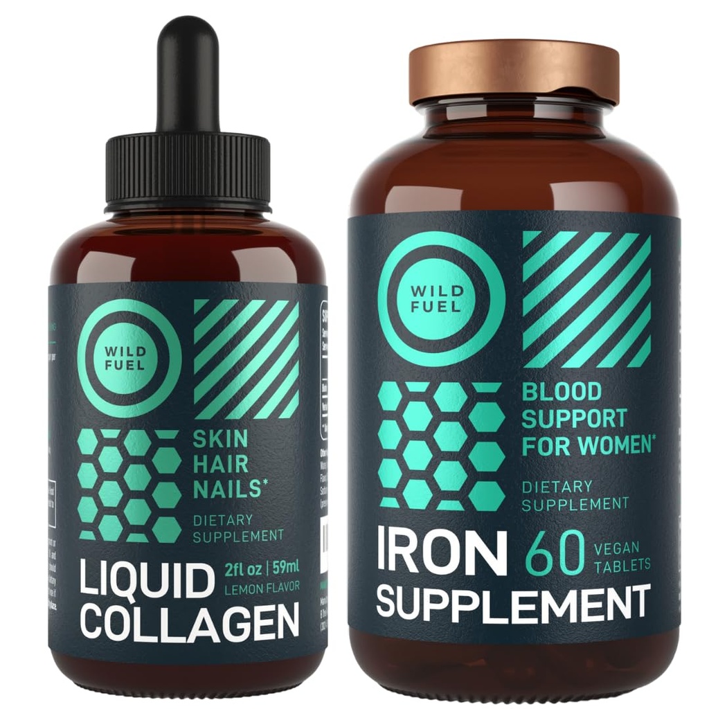 WILD FUEL Iron Supplement for Women with Folic Acid and Liquid Collagen Peptides with Biotin Mujer Health and Beauty Bundle