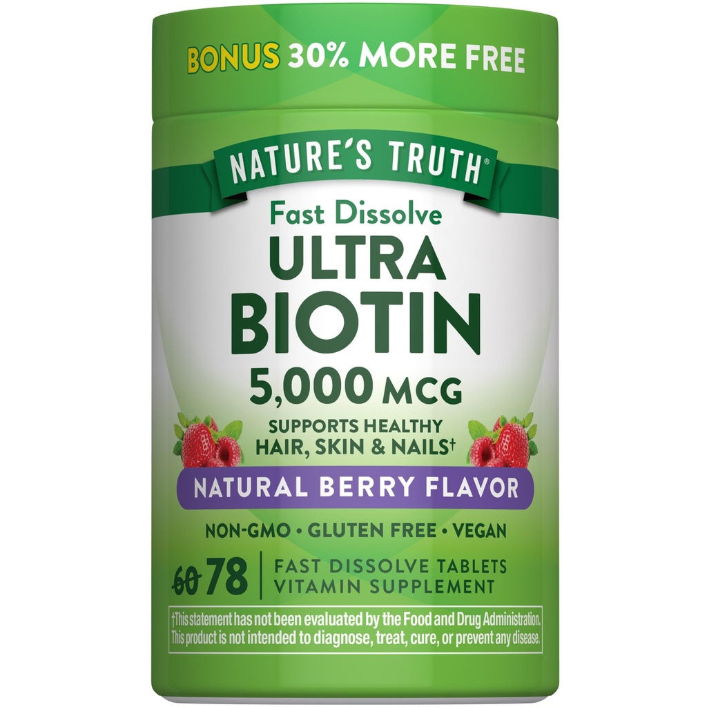 Verdad de la naturaleza Biotin 5000mcg ← 78 Tablas de disuelve rápido Silencio Natural Berry Flavor ← Vegan, Non-GMO, Gluten Free