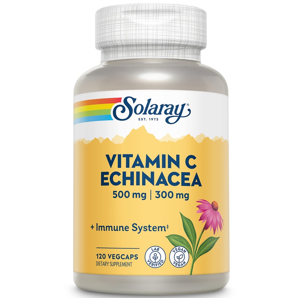 SOLARAY Vitamina C &amp; Echinacea Root ← Sistema sano de inmunos Soporte w / 500 mg VIT C &amp; 300 mg Echinacea Per Capsule ← No GMO " Vegan " sometido 120 VegCaps