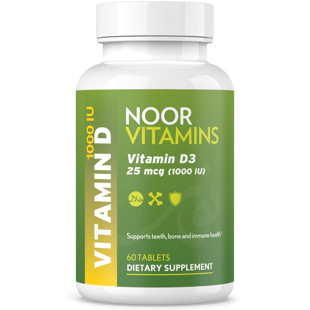 Vitaminas de Noor Vitamina Halal D, Vitamina Halal D3, 1000 UI Tablas, Soportes Hueso, Inmune &amp; Heart Health, Non-GMO, Gluten Gratis &amp; Halal (60 Cuenta)