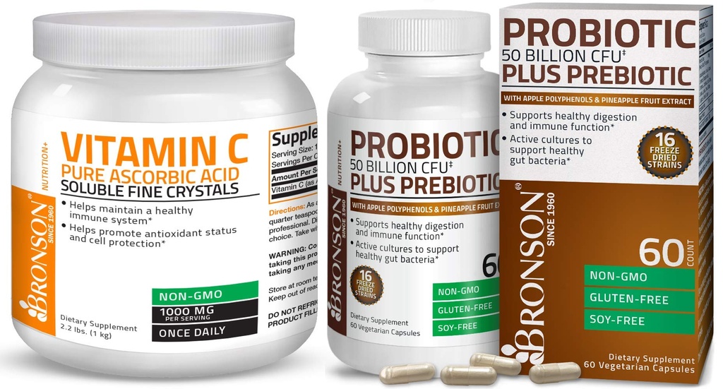 Bronson Probiotic 50 Billion CFU + Prebiotic with Apple Polyphenols &amp; Pineapple Fruit Extract Vitamin C Powder Pure Ascorbic Acid Soluble Fine Non GMO Crystals
