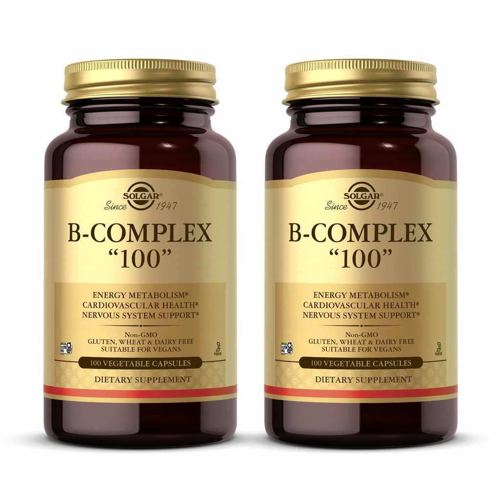 Solgar B-Complex 100" - 100 cápsulas vegetales, paquete de 2 - Metabolismo energético, soporte del sistema nervioso - No GMO, Vegan, Gluten Gratis - 200 servicios totales
