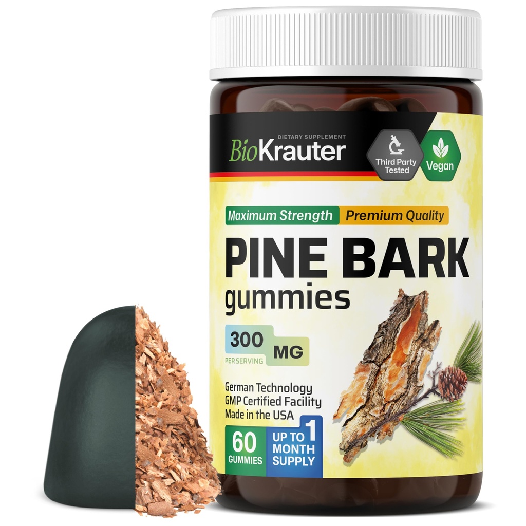 BIO KRAUTER Pine Bark Extract Gummies - 300 mg Strength - 60 Chews veganos - French Maritime Pine Bark Extract - Antioxidant Supplement - 95% Proanthocyanidins - Pectin-Based Formula
