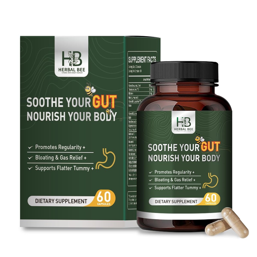 Herbal BEE Gut Health - Gas and Bloating Relief, Constipation, Leaky Gut Repair - Gut Cleanse & Restore Digestion - Promote Regularity, Colon Cleanser, 60 cápsulas