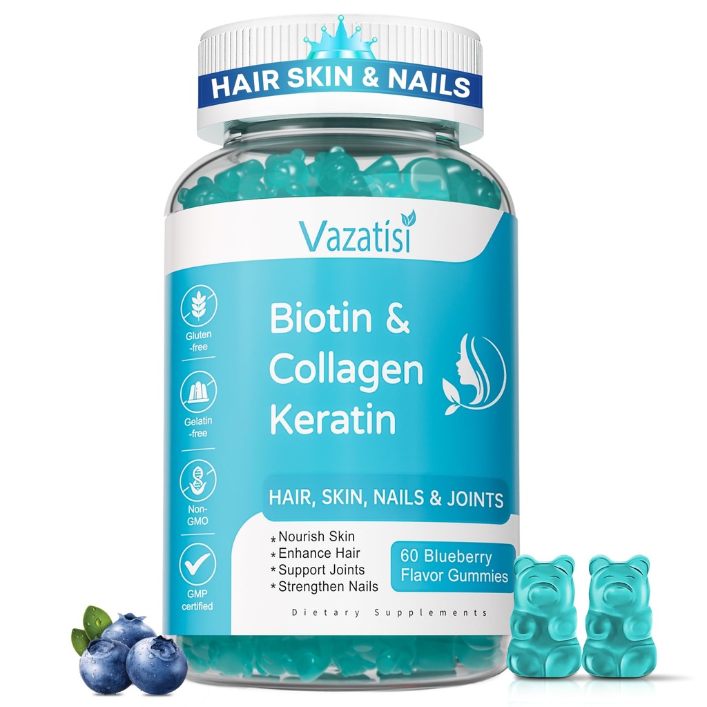 Biotina Gummies con colágeno " Keratina para la piel del cabello uñas- apoya el crecimiento del cabello y uñas más fuertes, mujeres hombres, niños - 60 Blueberry Flavored Gummies