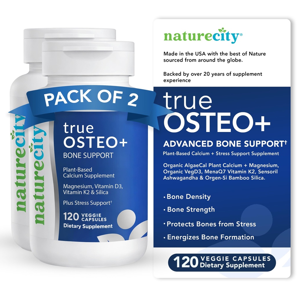 NatureCity True-Osteo+ Bone Support with Ashwagandha – for Strength & Density – Plant-Based Calcium with Organic AlgaeCal, Magnesium, Vitamin D3, K2, Silicon & Stress Support ← 240 Veggie Capsules