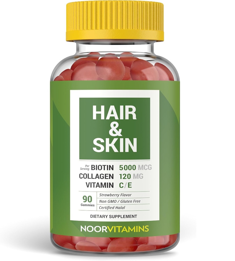 Vitaminas de Noor El cabello haal Vitaminas Biotina, Collagen, Silica, Vitamina C &amp; E Soporta el cabello, la piel &amp; la salud de la uñas; las vitaminas del maní de fresa natural. GMO, Gluten Free &amp; a Certified Halal Vitamin (90 Cuenta)
