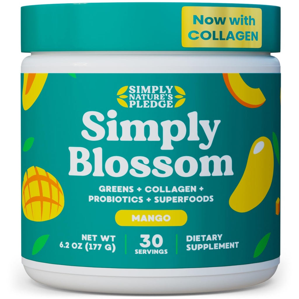 Sencillamente Blossom Nutrition Daily Greens " Superfood Powder + Collagen + Probiotics for Women's Digestive Health " Bloating Relief. Ayuda a su salud Bloom - 30 Day Supply - Mango
