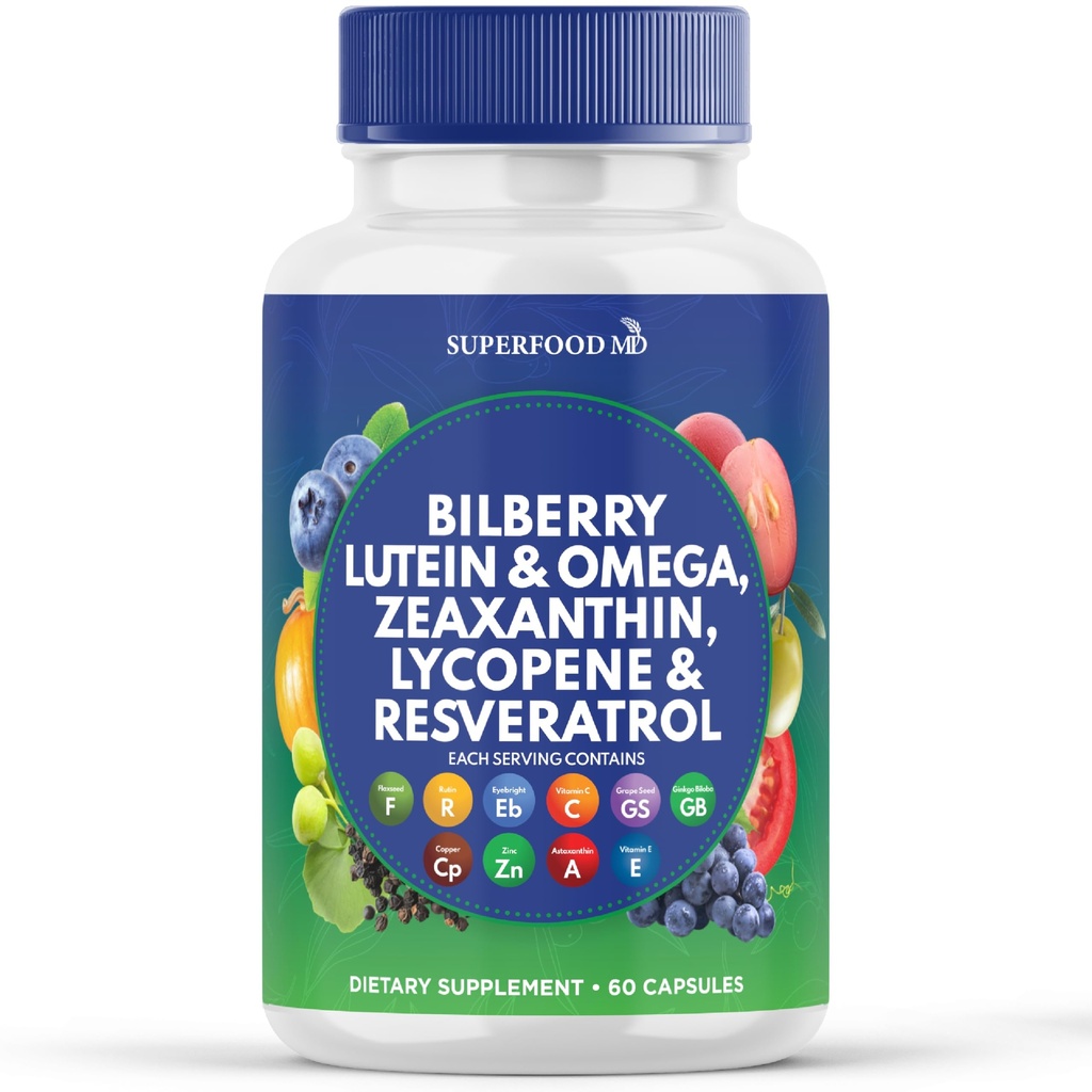 Superalimentos MD salud de ojos vitaminas con luteína de mora " Zeaxanthin Lycopene Resveratrol Grape Seed Extract Astaxanthin- AREDS 2 - Vitamina de ojos - 60 cápsulas