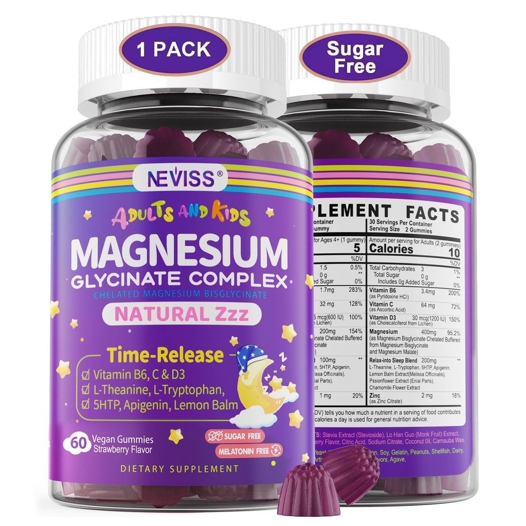 Magnesium Glycinate Gummies for Adults &amp; Kids 4+, Sugar Free Magnesium Bisglycinate Supplement 400/200mg with B6D3, 5HTP, L-Theanine for Sleep & Relax, Brain, Muscle, Melatonin Free Gummies,1Pack
