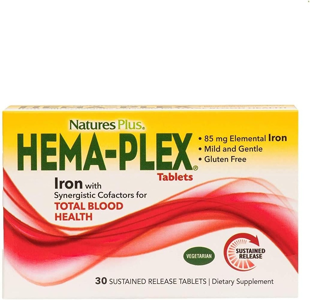NaturesPlus Hema-Plex Iron - 30 Tablas de liberación lenta, Pack de 3 - Sangre total - 85 mg Hierro Chelated - Con Vitamina C & Bioflavonoides - No GMO, Vegetariano " Gluten Gratis - 90 Total Servings