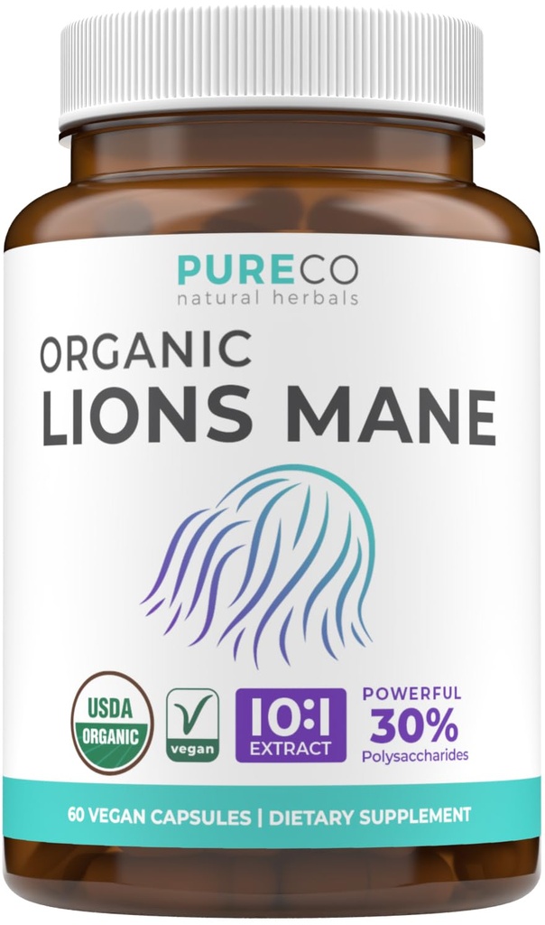 Leones orgánicos Mane suplemento cápsulas - USDA Suplemento de seno orgánico cápsulas con 1000mg León Mane 10:1 Extracto por servicio con 30% Polysaccharides - Vegan " Non-GMO (1 Mes de suministro)