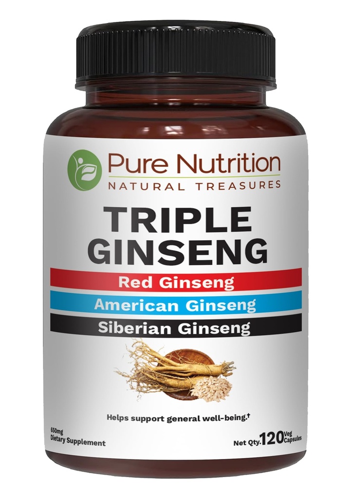 Pure Nutrition Triple Ginseng 650mg | 120 Caps | Complex for Men and Women | Highly Effective Combination of Red, American and Siberian Ginseng. Non GMO