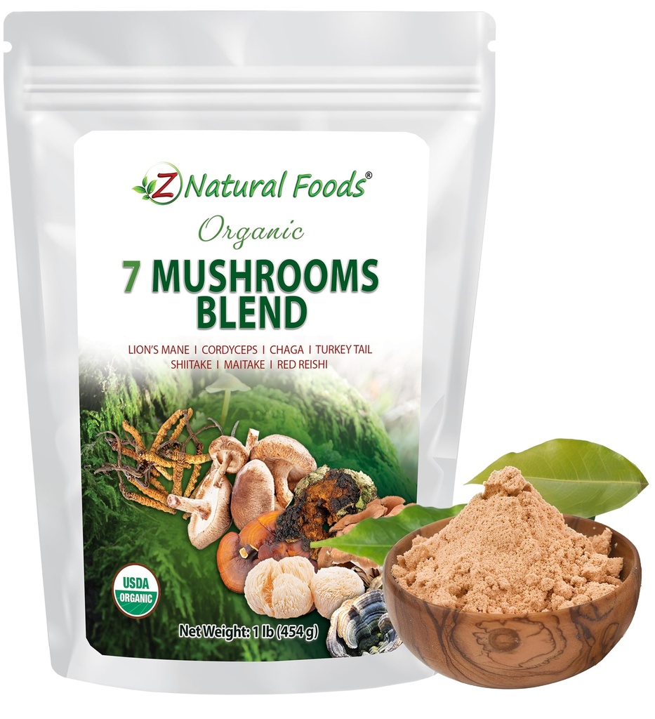 Z Natural Foods Organic 7 Sagrados Mushroom Blend - Mushroom Powder for Immune Health - Lion’s Mane, Cordyceps, Chaga, Red Reishi, Shiitake, Maitake &amp; Turquía Tail Extract for Coffee, Smoothies, 1 lb