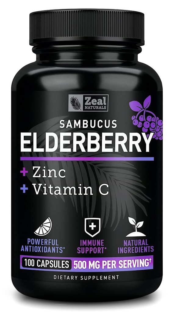 Zeal Naturals Max Strength Elderberry Capsules + Zinc + Vitamin C tención 500mg para Immune System Support with Black Sambucus Elderberry ← 100 Count ← 3-in-1 Immune Support for Adults