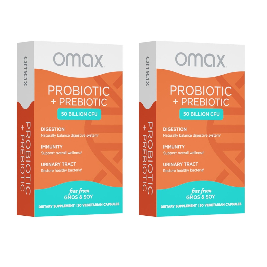 Prebiótico Omax3 Probiótico 50 Billones CFU + Chicory Inulin, 10 Strain, Reduce Bloating, Digestion, SIBO, Leaky Gut, Vaginal pH, Acidophilus, Vegan, Dairy Free, Gluten Free, Blister Packaged (2 Pack)