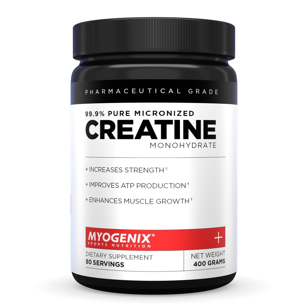 Myogenix Creatine Monohydrate – Pure Creatine Powder for Strength ' Endurance – Apoya la producción ATP " Muscled Strength – No Additives – Unflavored (80 Servings)
