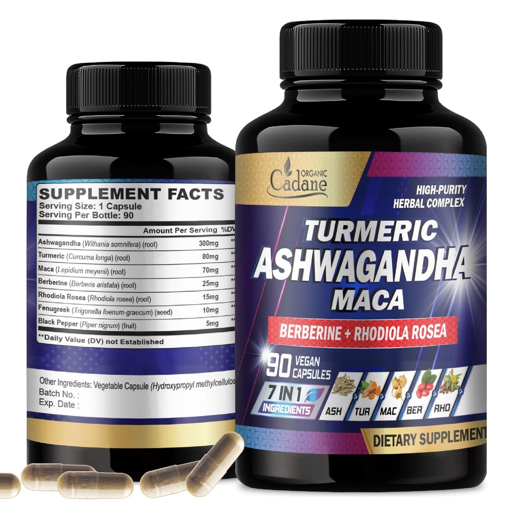 Suplementos de Cadane Orgánico Ashwagandha - Memoria, Sistema Inmune &amp; Strength Support - 7in1 Concentrado con Turmérico, Maca Root, Berberine &amp; Más - 90 cápsulas Vegan para 3 meses de suministro