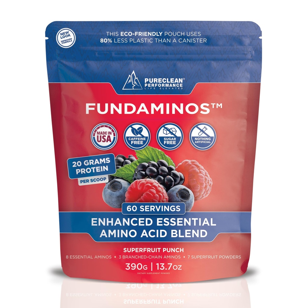 FundAminos EAA + BCAA Amino Amino Acid Powder  tolera Organic, Vegan, Plant-Based ← Aminos Esenciales completos para la Nutrición de Todos los Días Silencio Optimizado Protein Utilization ← Refreshing Superfruits Blend - 60 Servings