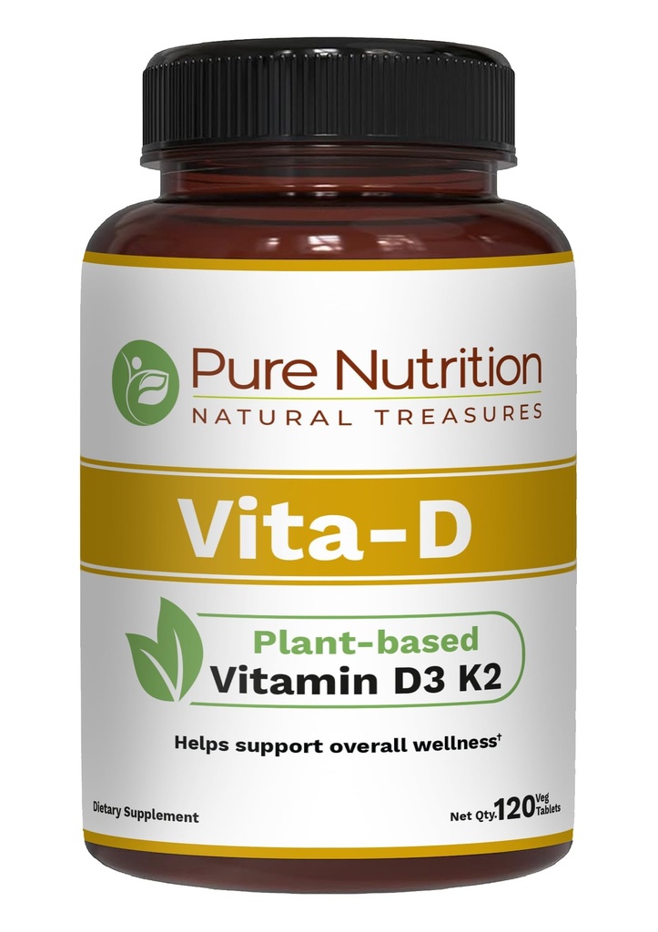 Nutrición Pura Vita D3 K2 - Vitamina Basada en Plantas D3 K2 Suplemento Silencio 120 Tabs tóxico Vitamina D3 6000 UI tóxica Vitamina K2 como MK7 100mcg
