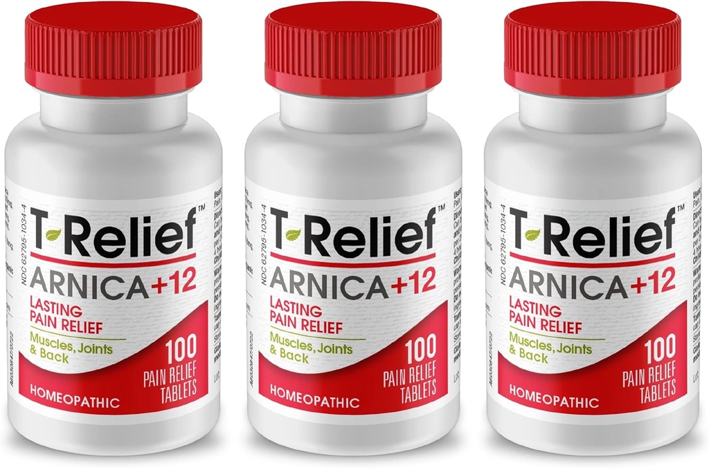T-Relief Arnica +12 Activos de Alivio Natural para el Dolor Conjunto Soreness Muscle Aches &amp; Stiffness, Alivio Actuador Acelerado para Mujeres &amp; Hombres - 100 Tabletas (3 Pack)