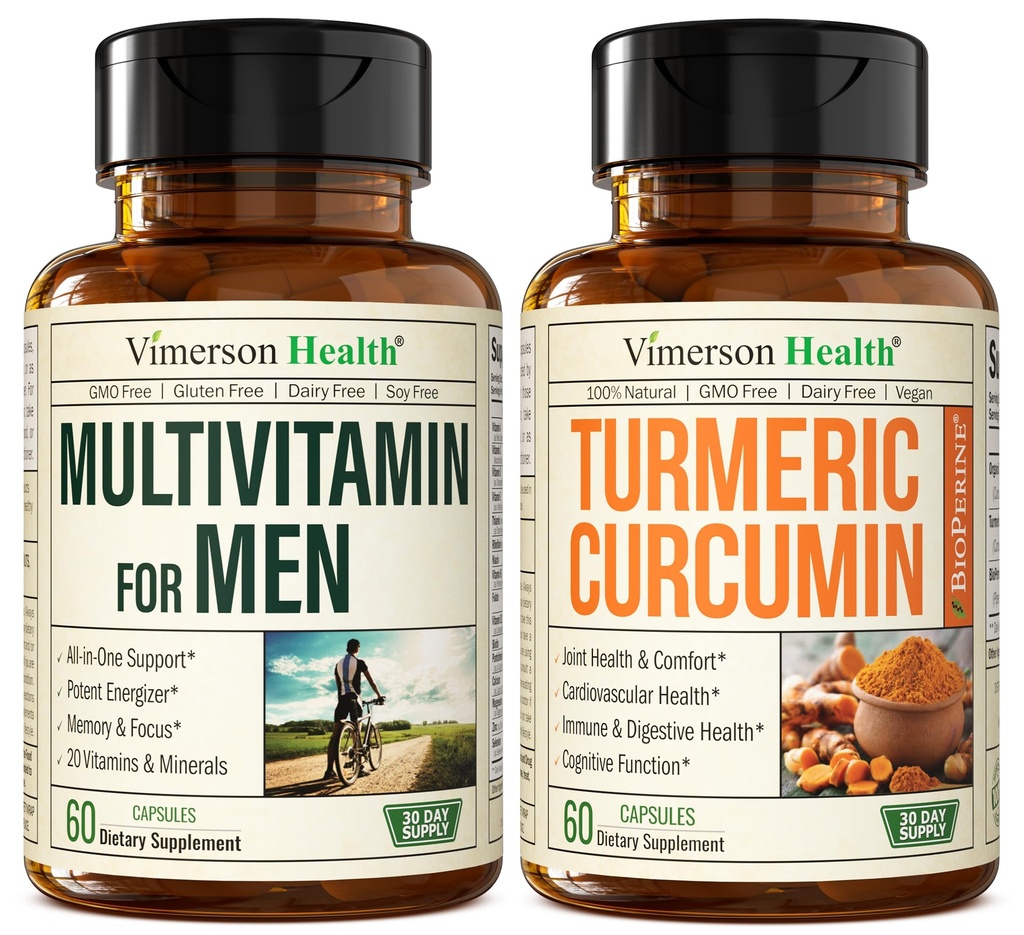 Vimerson Health Men's Multivitamin + Turmeric Curcumin with Black Pepper Extract Bundle. Soporte conjunto e inmunitario, alivio de molestias, propiedades antioxidantes para él