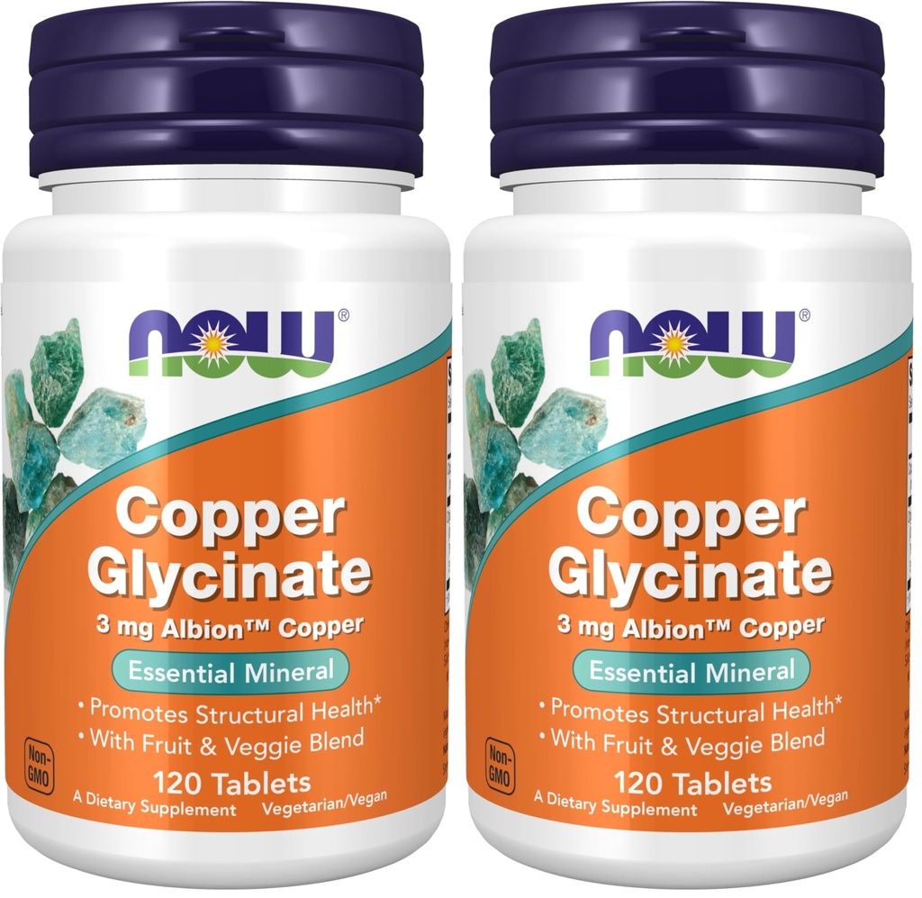 AHORA Suplementos, Copper Glycinate con 3 mg Albion Copper, promueve la salud estructural*, 120 Tabletas, Light Gray, Tan (Pack of 2)