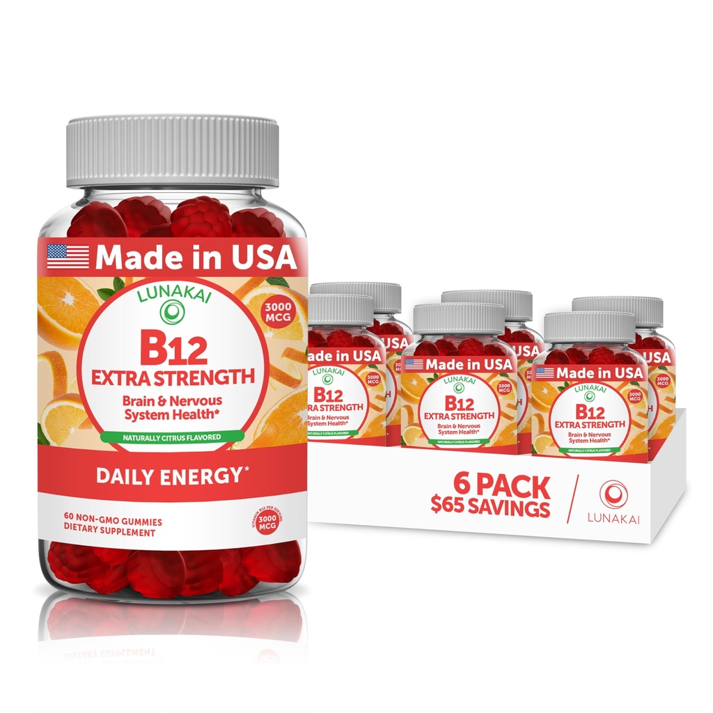 Vitamina B12 Gummies para adultos - Tastiest Proprietary Formula - 3000mcg Methyl B-12 High Absorption Energy Gummies - No GMO Vegan Vit B12 - Chewable B 12 para el soporte energético y la salud de los huesos - 6 Pack