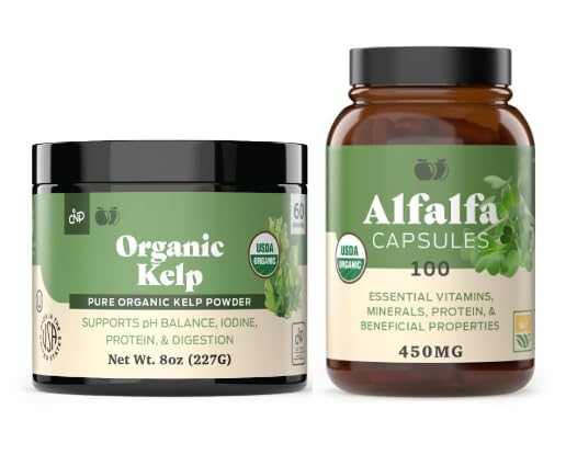 Orgánica Kelp Powder 8oz &amp; Pure Alfalfa Leaf 100 Capsules Bundle