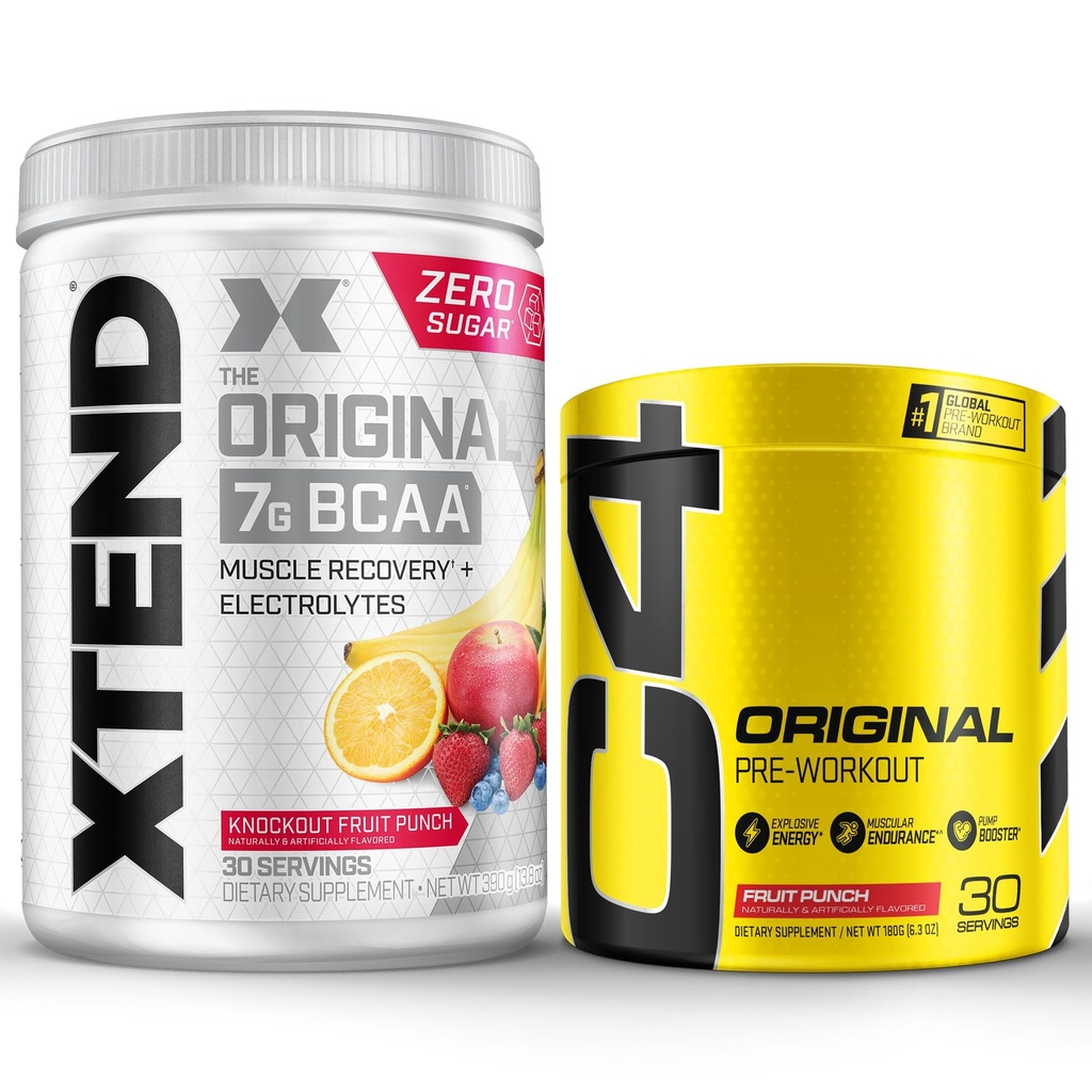 Cellucor Pre Workout &amp; BCAA Bundle, C4 Original Pre Workout Powder, Fruit Punch, 30 Servings + XTEND BCAA Powder, Knockout Fruit Punch, 30 Servings
