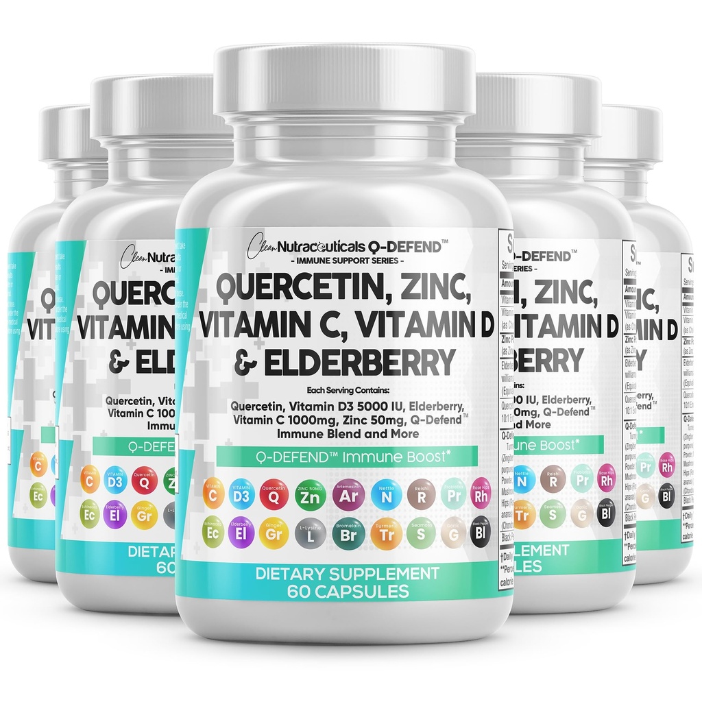 Nutracéuticos limpios Quercetina Zinc Vitamina C Bromelain Elderberry - Lung Immune Support Suplemento Adultos con Artemisinina, Moss de Mar, Echinacea, Alivio de Alergía (60 Cuenta (Pack de 5))