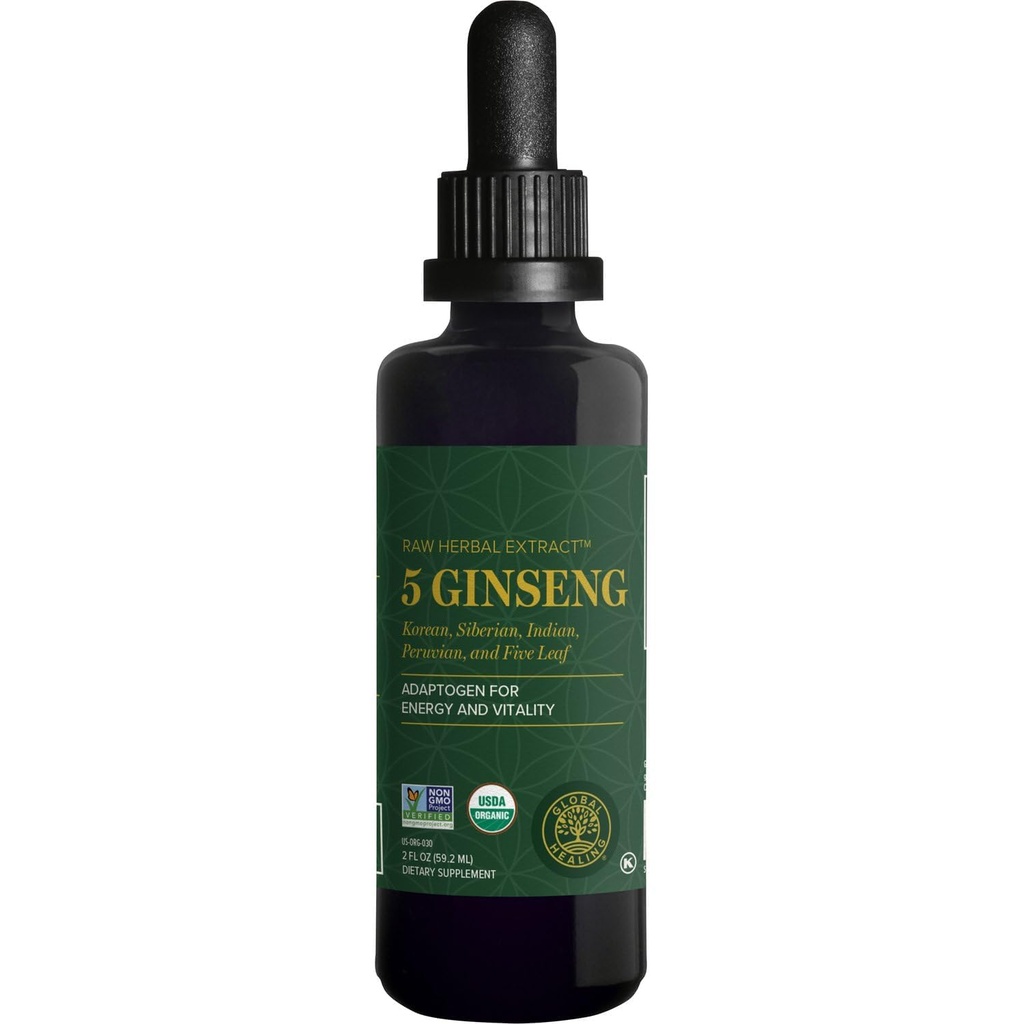 Global Healing Center - Ginseng - Extracto Hierba Prima Ecológico - Liquid Panax Supplement Drop Promotes Energy - Korean and Siberian Ginseng Supplement, Maca, Ashwagandha - Non-GMO - 2 Fl Oz