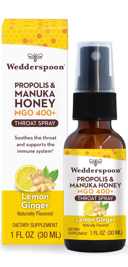 Wedderspoon Propolis and Manuka Honey Throat Spray, Lemon &amp; Ginger, 1 Fl Oz (Pack of 1), Sore Throat Relief, Natural Immune Support