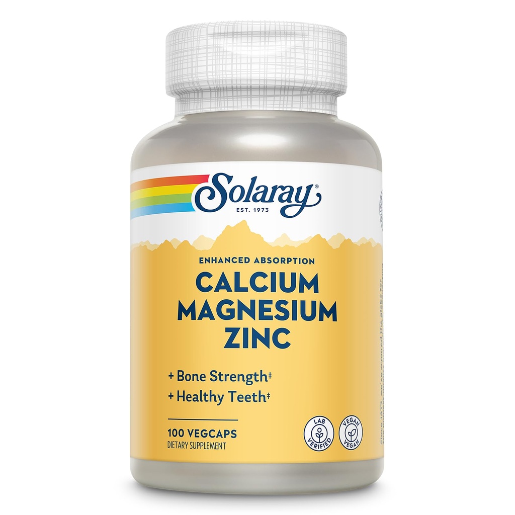 SOLARAY Calcio Magnesio Zinc Suplemento - con Calcio 1000mg, Magnesio 500mg - Hueso Salud, Función Musculo, Salud del Corazón y Soporte Inmunitario - Vegan, 60 Días Garantía, 25 Servimientos, 100 VegCaps