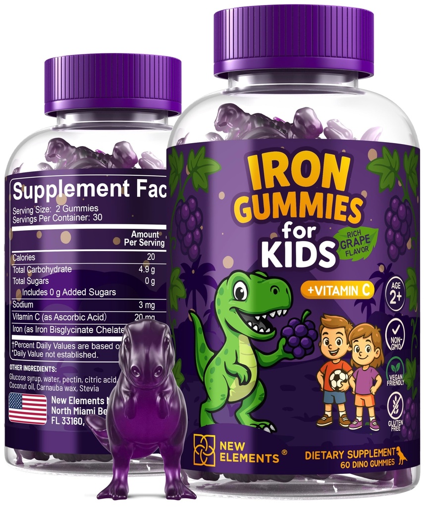 Dinosaurio de Hierro Gummies para Niños con Vitamina C ← Libre de Azúcar, Vegan, Libre de Gluten &amp; No-GMO Silencioso Anemia Alivio, Energía &amp; Sangre Health Support ← Grape Flavor, Pectin-Based for Optimal Health