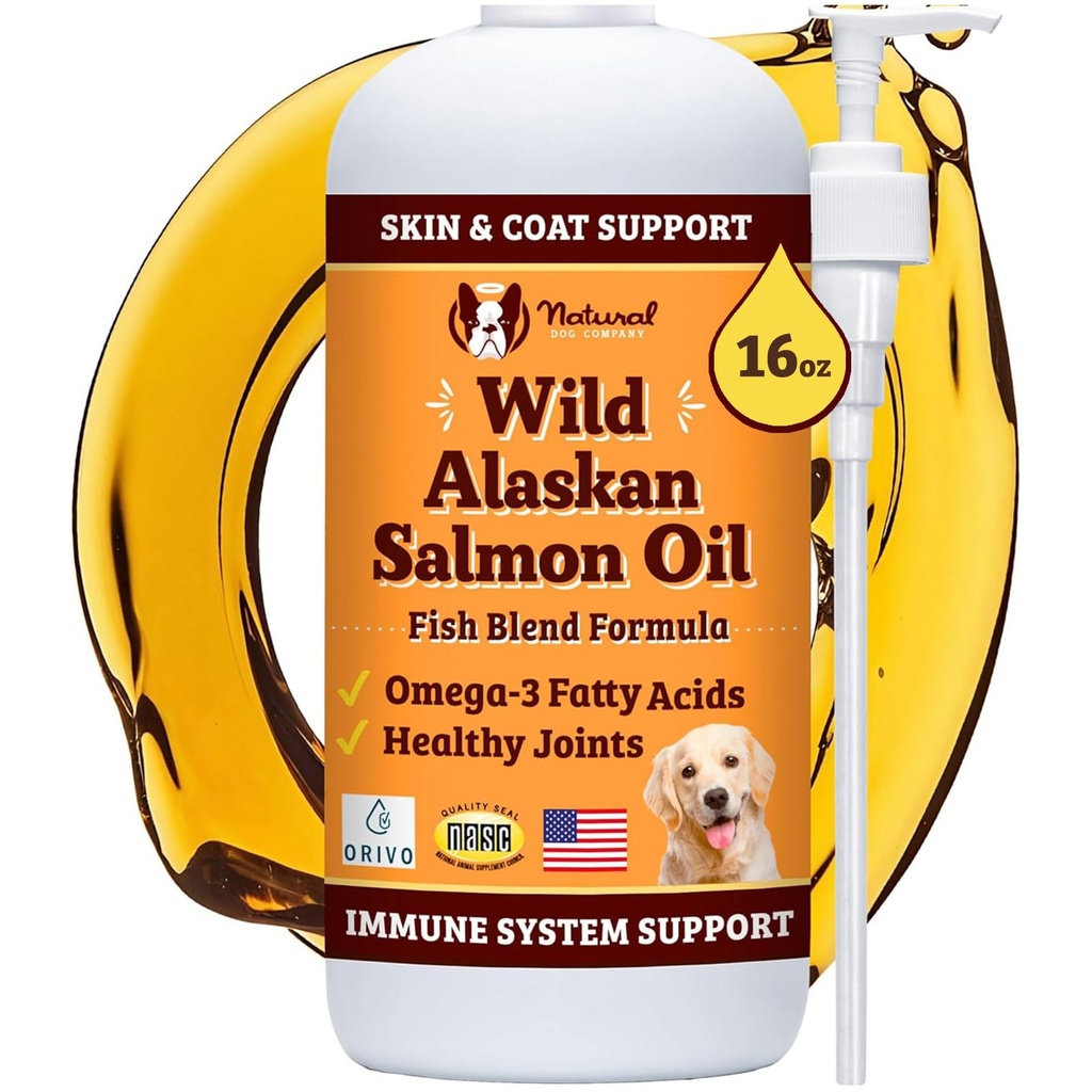 Natural Dog Company Wild Alaskan Salmon Oil Formula con Omega 3, Fish Oil for Dogs Suplemento, Skin &amp; Coat Dog Oil, Itchy Relief, Immune Support for Joints & Heart, Food Topper, 16 oz.