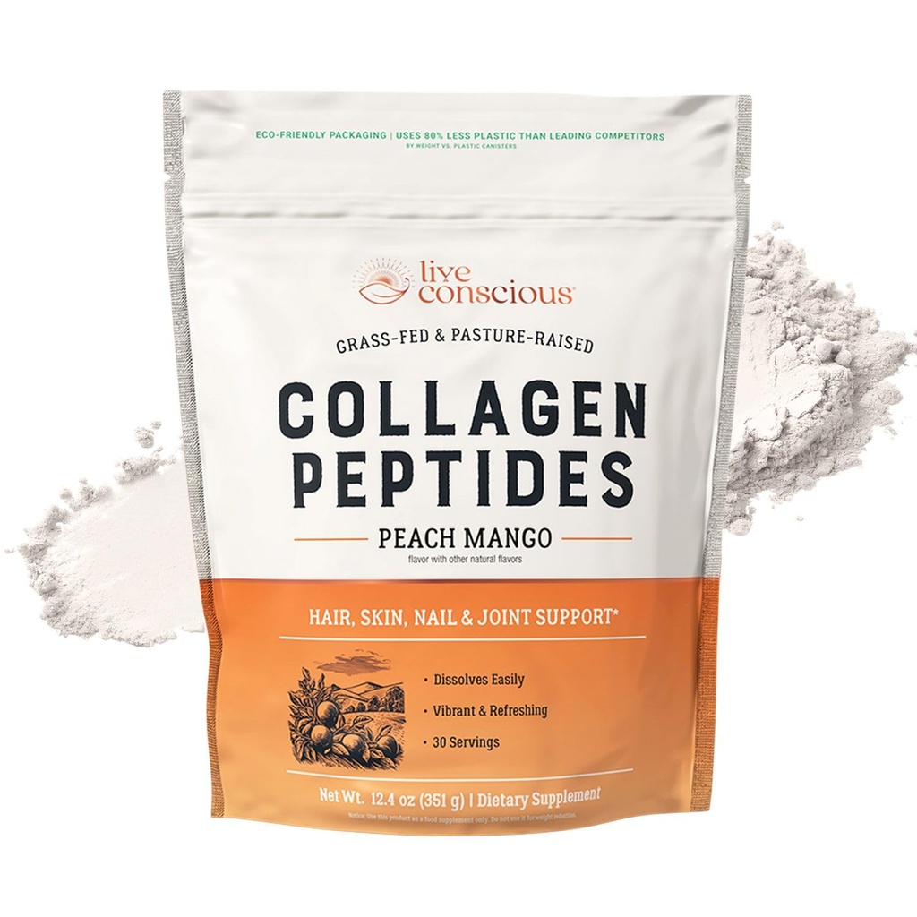 Peptides de colágeno en vivo pólvora - Peach Mango Flavored Collagen Powder - Pelo, piel, uñas, " Soporte conjunto - Tipo I " III Suplementos de colágeno para mujeres y hombres - 30 Serviciones - 13oz