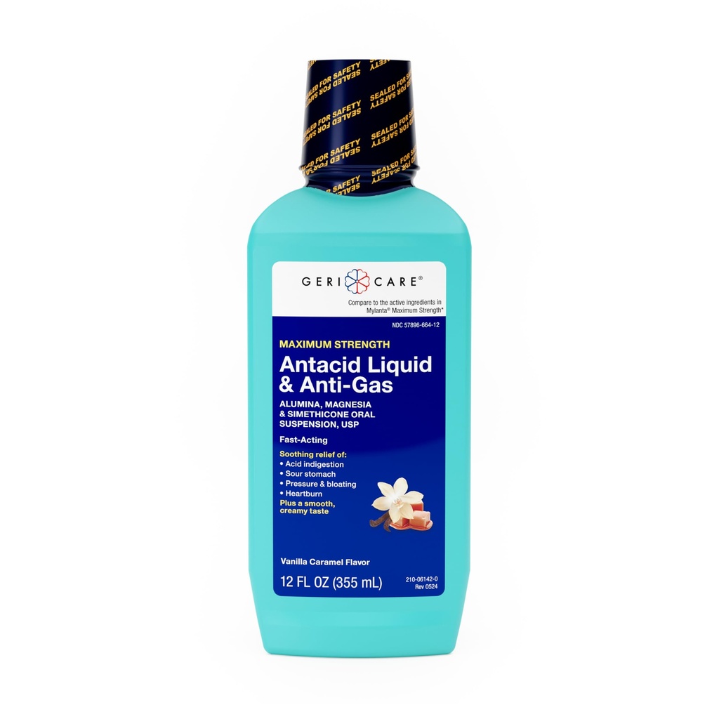 GeriCare Antacid Liquid " Anti-Gas Relief, Maximum Strength for Heartburn, Acid Reflux, Sour Stomach, Pressure " Bloating, Acid Indigestion, " Gas, Vanilla Caramel Flavor, 12 fl oz.