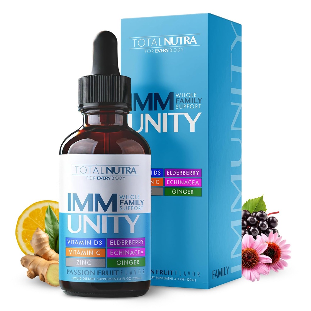 Total Immune 6-in-1 Suplemento Multivitamina Líquida Silencio 100% Daily Zinc, Vitamina D3, Vitamina C Immunity Drops Vitamin Liquid TEN Elderberry, Echinacea, Ginger Support for Adults &amp; Kids TEN 4 oz Passion Fruit