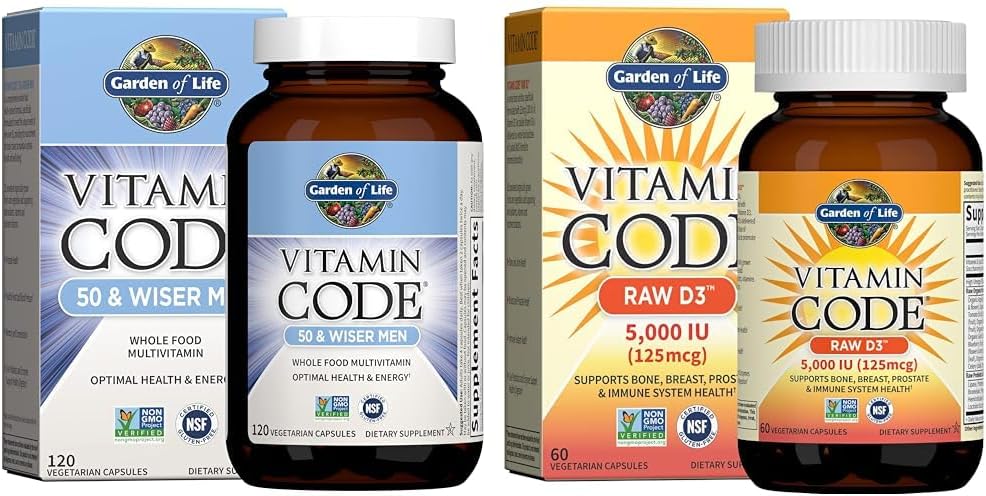 Jardín de Vida Hombres 50 &amp; Wiser Raw Whole Food Multivitamin, Vitamina D3 5,000 UI &amp; Vitamina Code Raw Vitaminas
