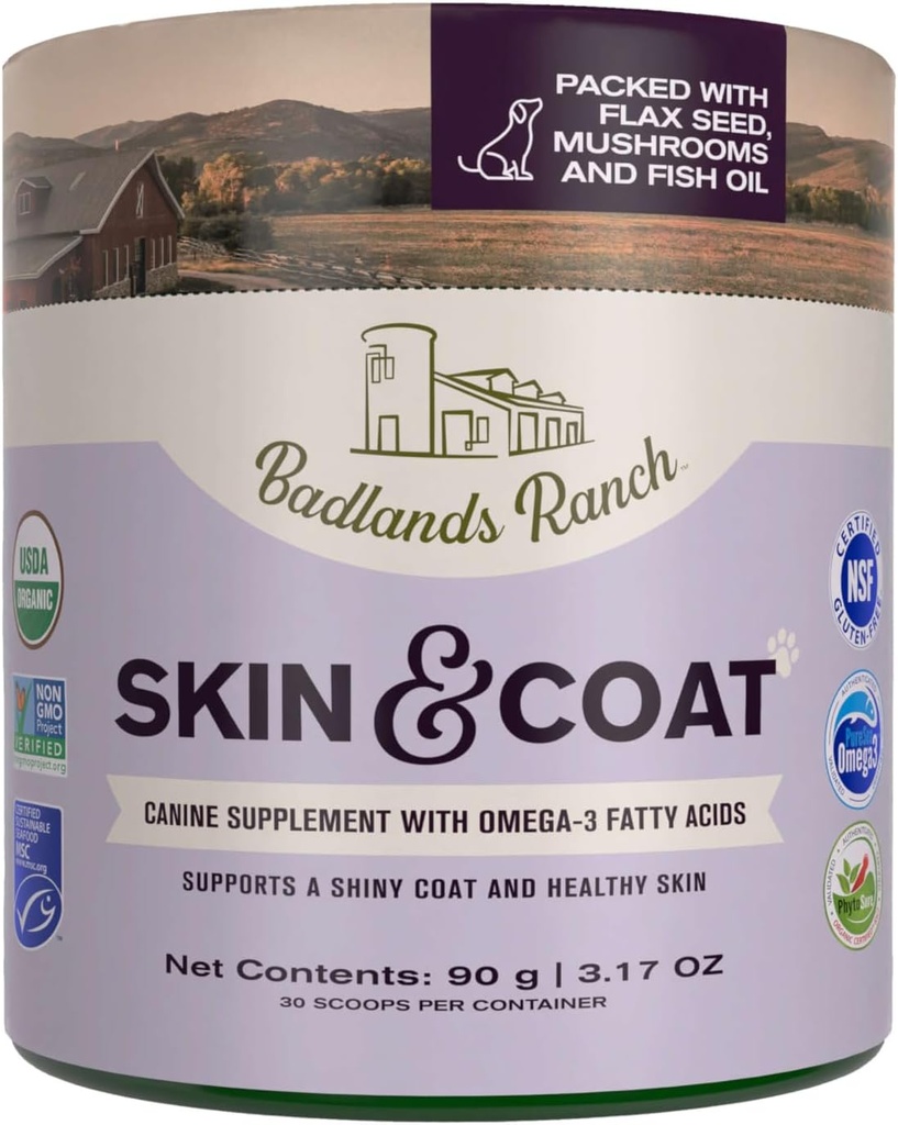 Badlands Ranch - Skin & Coat Canine Supplement w/Omega-3 Fatty Acids, Org. Ingredientes, Antioxidante Topper, Nourish Coat &Paws, Joint, Support Shiny Coat &amp; Healthy Skin by Katherine Heigl (30 Scoops)