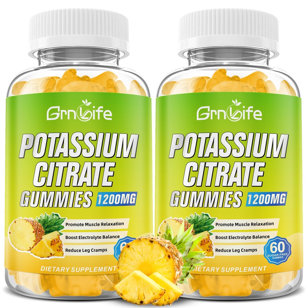 Potasio Citrate Gummies, Suplemento de Potasio Alto Gummies 1200mg Apoyo Leg Cramps &amp; Muscle Health, para adultos &amp; niños, Vegan, Pineapple Flavor 120 Conde