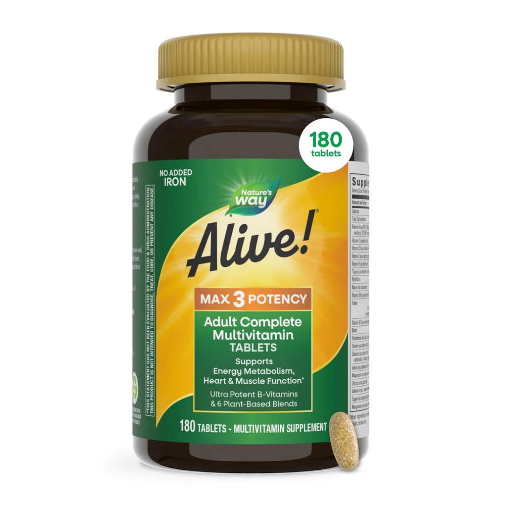 ¡La naturaleza está viva! Max3 Potency Adult Complete Multivitamin, High Potency B-Vitamins to Support Energy Metabolism*, with Methylated B12 and Folate, No Añadido Iron, 180 Tablets