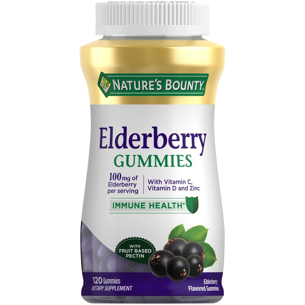 Bounty Elderberry Gummies, Suplemento dietético, soporta la salud inmune, contiene vitamina A, C, D, E y Zinc, 100 mg, 120 Gummies