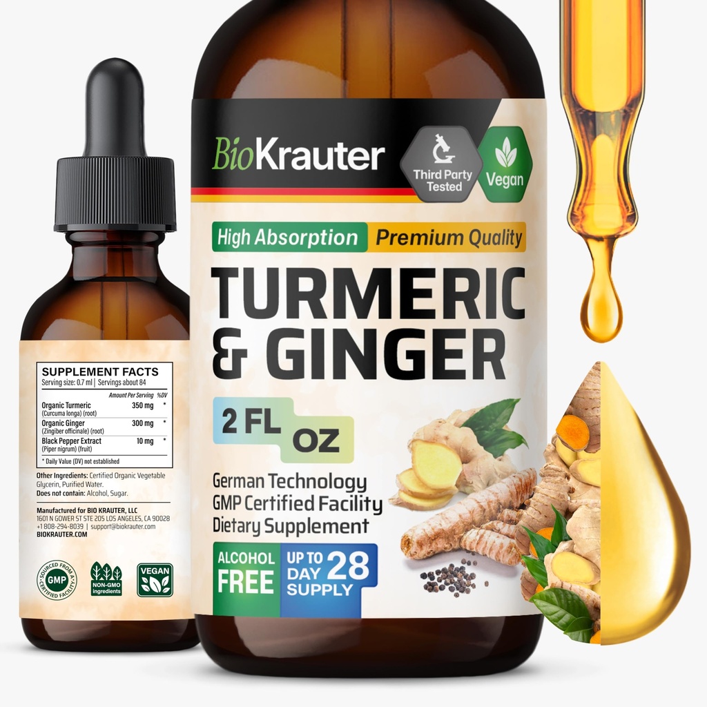 BIO KRAUTER Turmeric y Ginger Suplemento Tintura - Turmeric Curcumin Immune Support Drops - Extracto de jengibre con Black Pepper - Vegan Formula - 2 Fl.Oz.