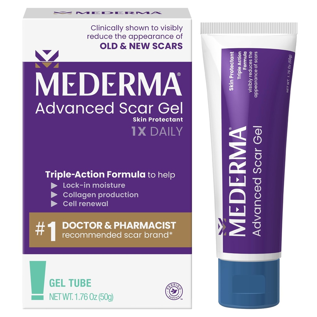 Mederma Advanced Scar Gel - Treats Old " New Scars, reduce la aparición de cicatrices de Acne, Cirugía, Quemaduras, Lesiones " Stretch Marks, 1,76 Oz (50g)