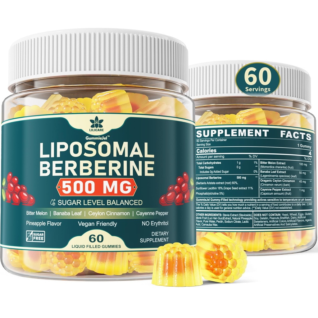 Beberine 500mg Suplemento, Una vez Daily, Liposomal Gummies with Ceylon Cinnamon, Bitter Melon, Banaba Hoja para Metabolismo Equilibrado, AMPK Activador, Alta Absorción, Sugar Gratis, Vegan, 60 Cts