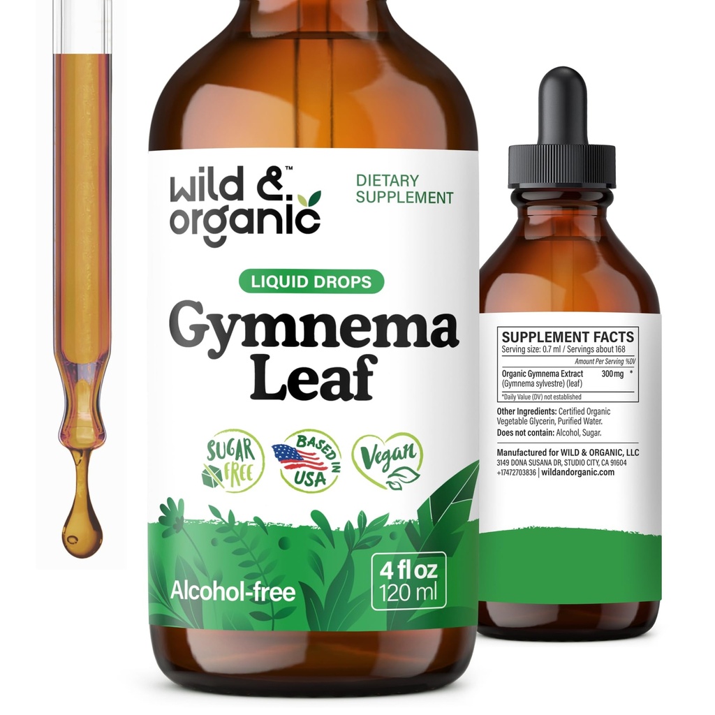 Wild &amp; Organic Gymnema Sylvestre Extract Drops - Suplementos sin azúcar de Gymnema Sylvestre - Tintura basada en Gurmar Powder - gotas líquidas Vegan, sin alcohol - 4 fl oz